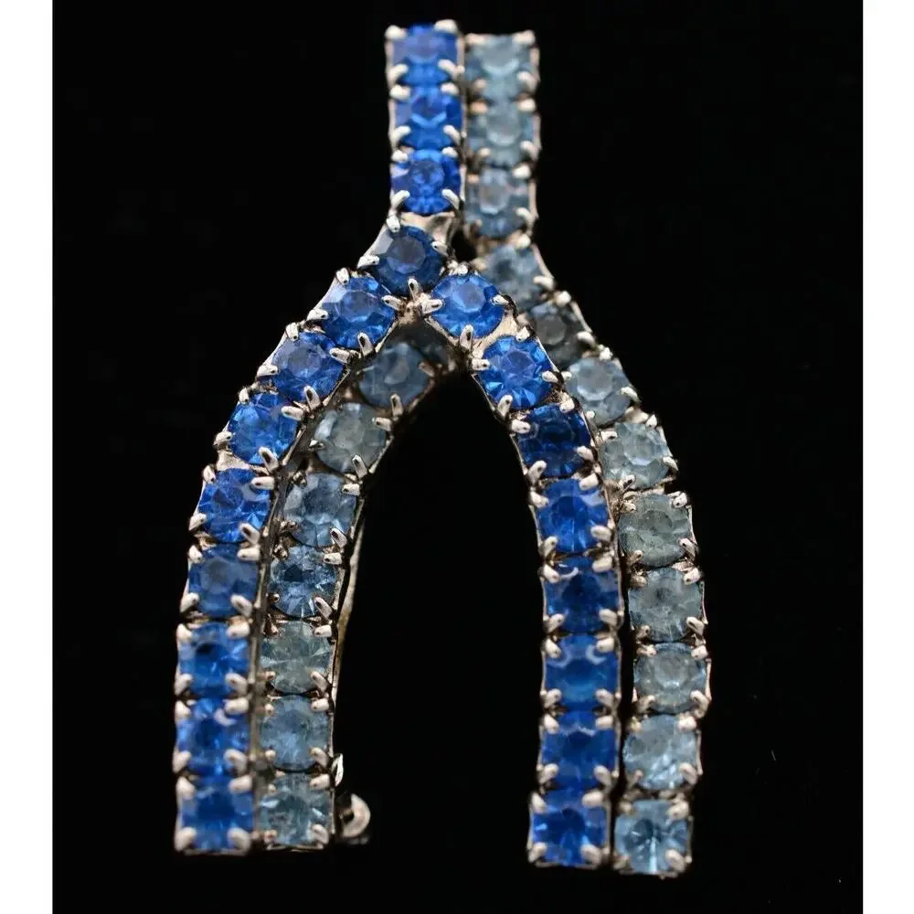 Vintage Wishbone Pin Brooch Blue Rhinestone Crystal Silver Tone Prong 80s BinAT